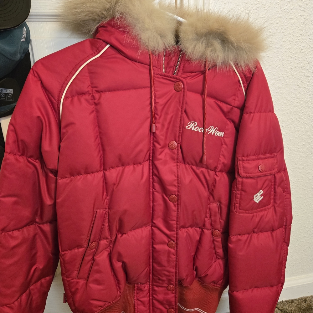 Rocawear Red Puffer Jacket with Fur Trim